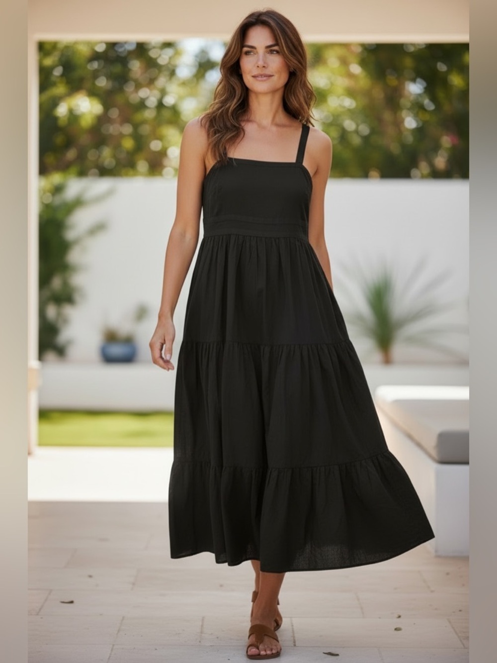 Garnet Hill Black Empire Waist Maxi Tiered Peasant Dress 100% Cotton Size 10
